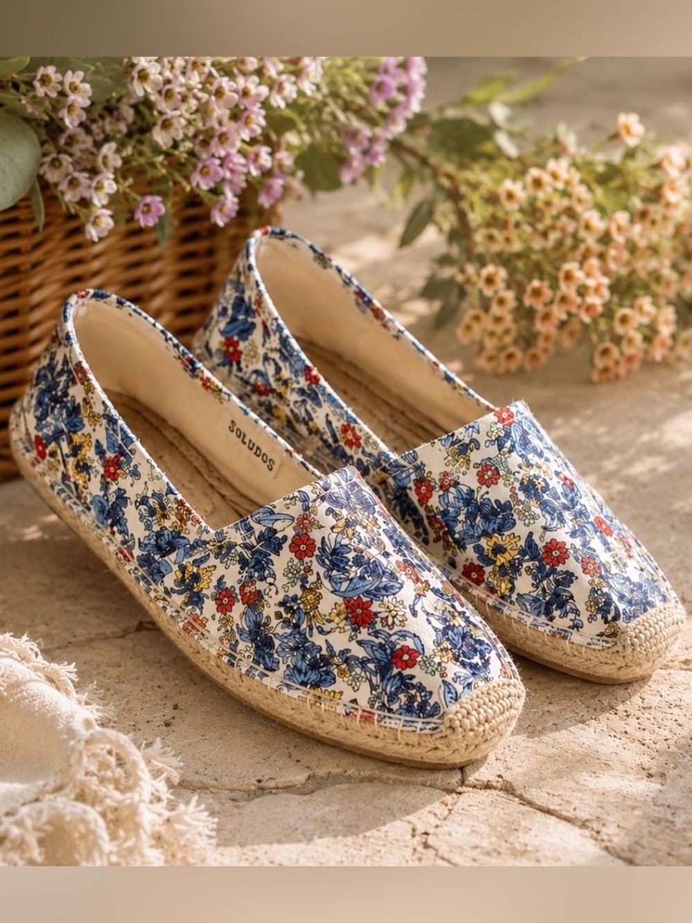 Soludos Floral Espadrille Flats Size 10.5 Canvas Jute Slip On Shoes